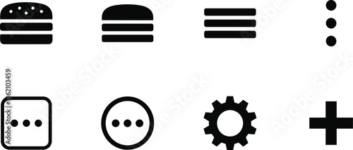Collection of interface icons including burgers, menus, dots, gear, and plus sign Vector