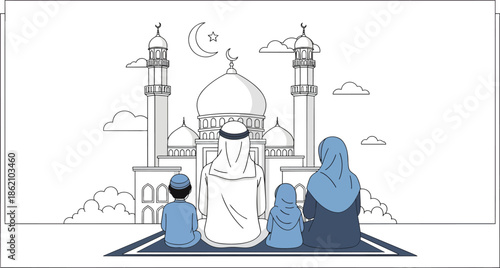 Family Praying Together in Front Mosque.