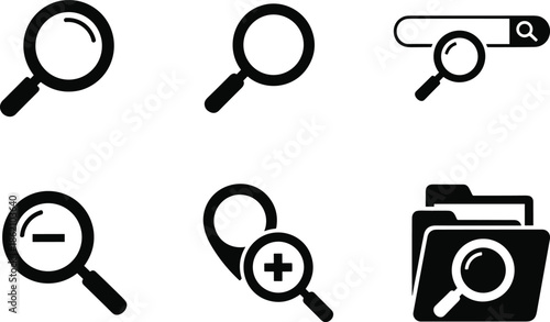 Collection of search and zoom icons including magnifying glass, search bar and folder Vector