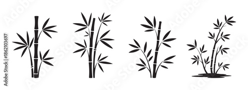 Minimalist black bamboo silhouette vector set, decorative Asian style nature elements isolated on white background.