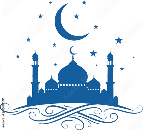 Mosque Silhouette with Crescent Moon Stars.