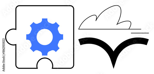 Technology integration, cloud services, innovative solutions, digital transformation, connectivity, software development. Puzzle piece with gear and cloud icon. Technology integration and cloud