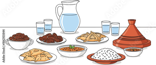 Moroccan Cuisine Dishes and Drinks on Table.