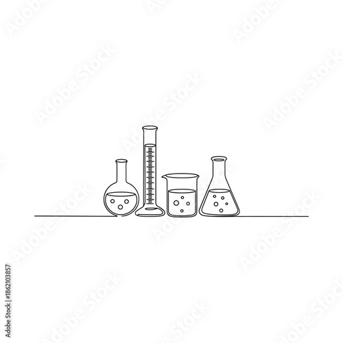 A simple line drawing depicting various laboratory glassware and equipment