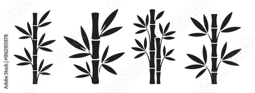 Minimalist black bamboo silhouette vector set, Asian style nature design elements isolated on white background.