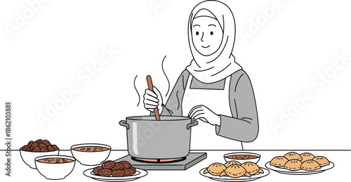 Woman Cooking with Hijab in Kitchen.