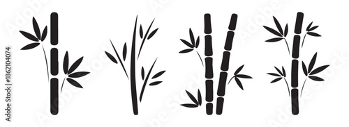 Minimalist black bamboo silhouette vector set, Asian style nature design elements isolated on white background.