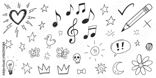 Playful mix of hand-drawn doodles featuring a heart with lightning, duck, butterfly, music notes and lightbulb, creative sketch collection for scrapbooking