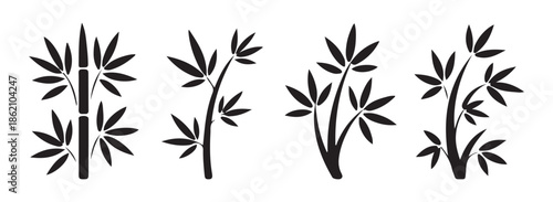 Minimalist black bamboo silhouette vector set, decorative Asian style nature elements isolated on white background.