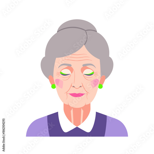 Elderly woman with closed eyes and gray hair wearing green earrings  