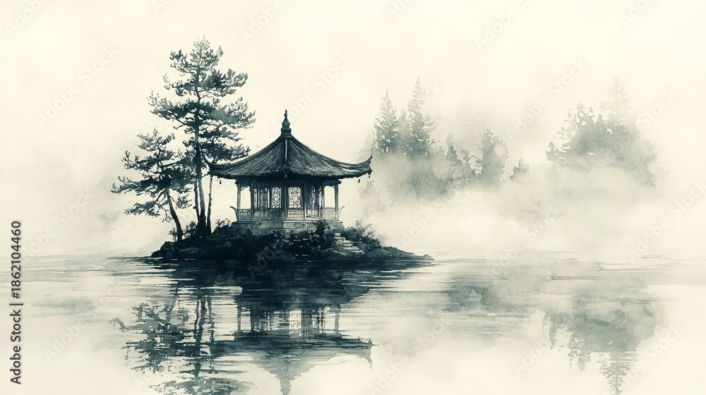 Obraz premium Ink wash style island pavilion artistic conception