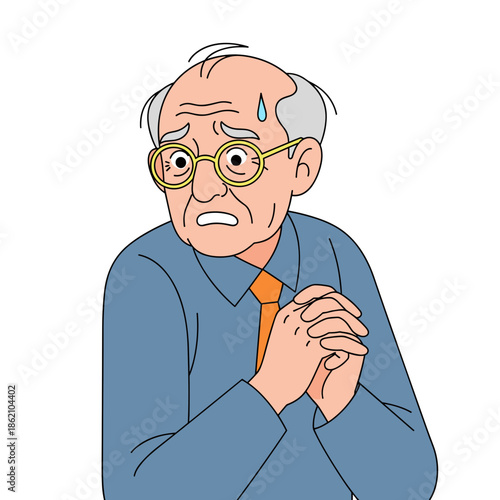 Elderly man looking anxious with sweaty forehead in indoor setting  