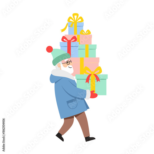 Elderly man carrying colorful holiday gifts in winter attire  
