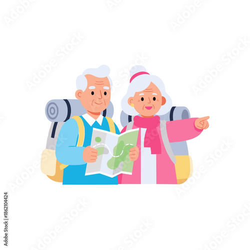 Elderly couple traveling together while looking at a map and smiling  