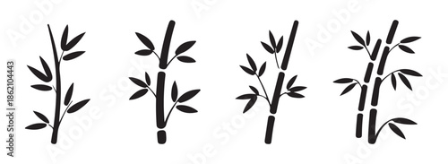 Minimalist black bamboo silhouette vector set, decorative Asian style nature elements isolated on white background.