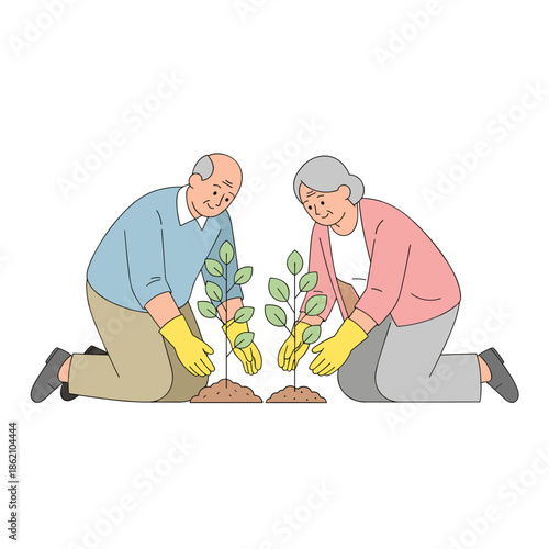Elderly couple planting young trees in garden with gloves on knees  