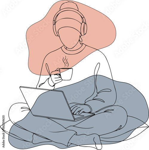 Modern Minimal Line Art of Freelancer Home Office Concept. Generative Ai