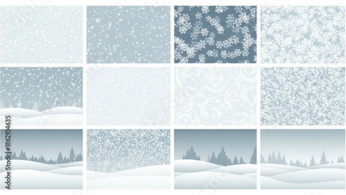 Winter Wonderland Collection: A series of winter landscapes adorned with serene snowy scenes, creating a tranquil atmosphere suitable for the holiday season. 