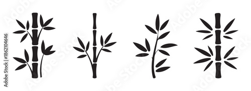 Minimalist black bamboo silhouette vector set, decorative Asian style nature elements isolated on white background.