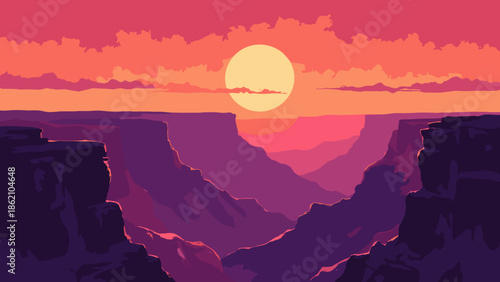 A flat vector illustration of the Grand Canyon at sunset. Layers of red and orange rock formations. A deep purple sky with a bright yellow sun half-hidden. WPA poster style