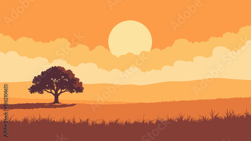 A silhouette of a lone oak tree in a wheat field against a giant setting sun. Bands of gold, orange, and brown flat colors. Minimalist rural landscape