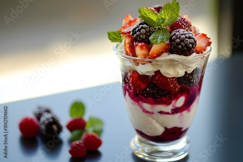 Delicious yogurt parfait with berries high resolution picture