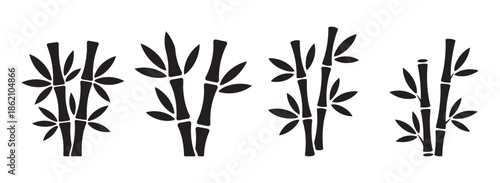 Minimalist black bamboo silhouette vector set, Asian style nature design elements isolated on white background.
