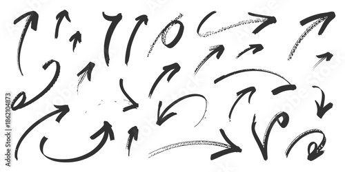 Dynamic collection of sketchy marker arrows, hand-drawn black ink vectors with messy artistic feel for presentations and graphic design