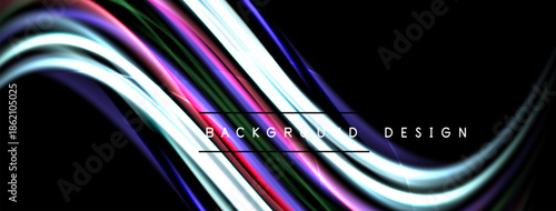 Abstract flowing lines create vibrant, dynamic visual. Dark background emphasizes bright colors, modern aesthetic.