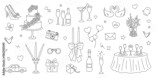 Wedding celebration doodle set in black line art, hand-drawn icons of cake, rings, champagne, bridal car and bouquet for invitations