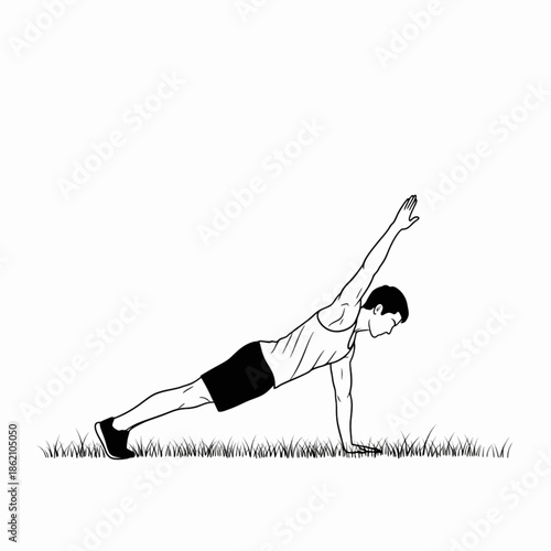 Man performing a one arm plank exercise on grass