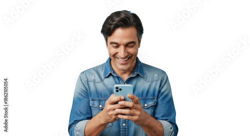 Happy man using smartphone isolated on transparent background