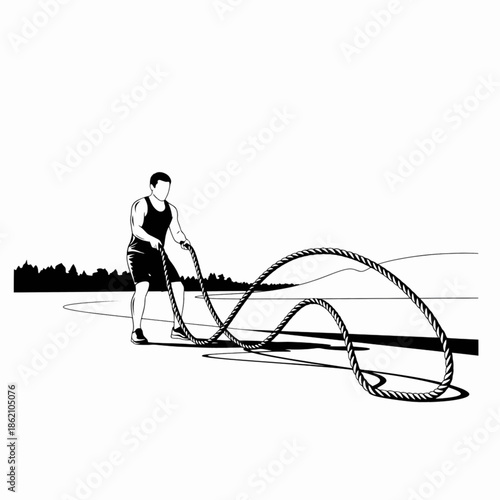 Man working out with heavy battle ropes outside