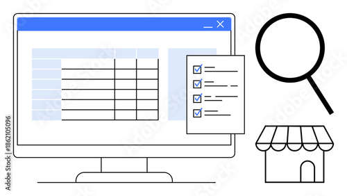 Desktop screen with a spreadsheet, checklist with checkmarks, magnifying glass, and storefront. Ideal for retail, inventory, organization, analytics, small business planning simple flat metaphor