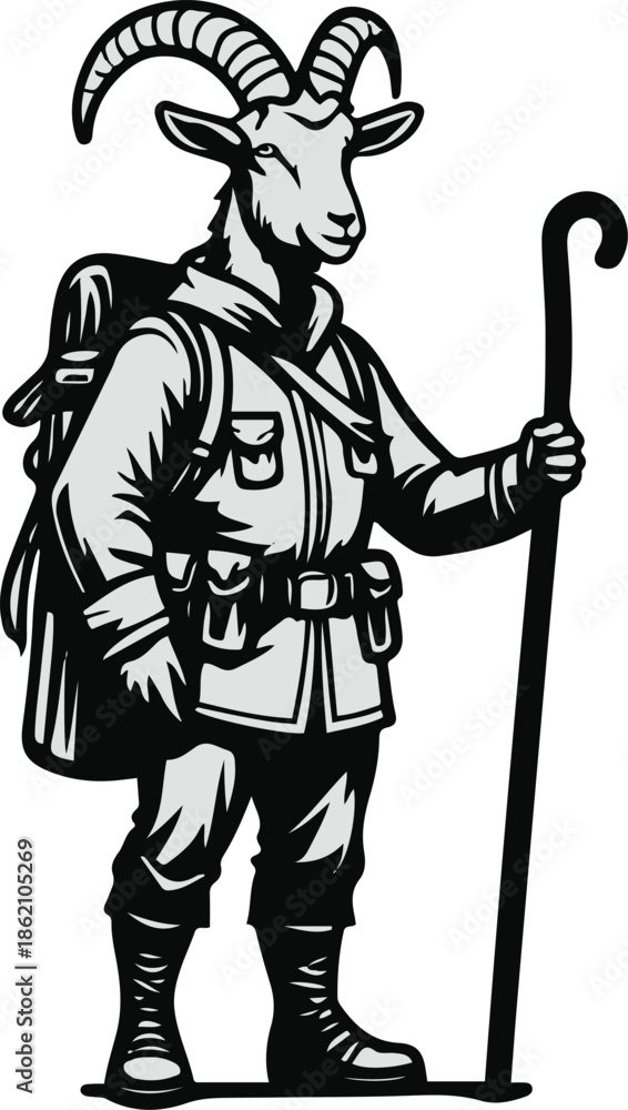 Fototapeta premium A goat as a mountain guide holding a walking stick, steady standing pose, flat vector illustration, solid flat colors, bold black outline, no gradient, no shadow, clean vector sticker, white backgroun