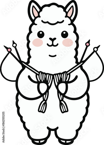 A cute alpaca as a knitter holding yarn and needles, rounded body shape, flat vector illustration, minimal detail, solid colors only, bold black outline, no gradient, no shadow, sticker style, white b