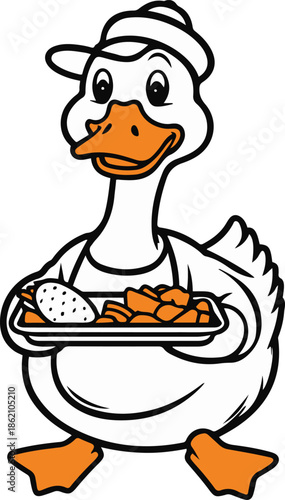 A duck as a street food vendor holding a snack tray, cheerful expression, flat vector art, simple shapes, limited colors, thick black outline, no texture, no lighting, isolated on white background 1