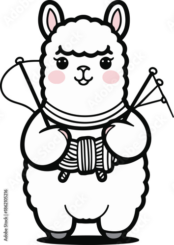 A cute alpaca as a knitter holding yarn and needles, rounded body shape, flat vector illustration, minimal detail, solid colors only, bold black outline, no gradient, no shadow, sticker style, white b