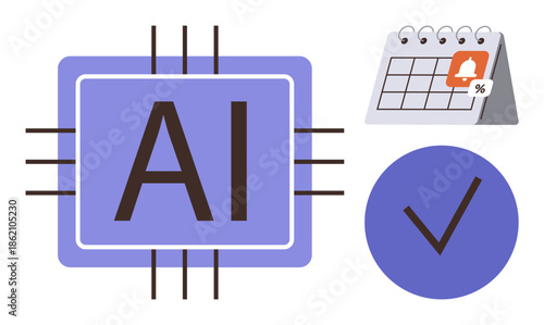 AI text inside microchip, calendar with alert bell, large checkmark. Ideal for technology, automation, scheduling, productivity, efficiency reminders and task management. Simple flat metaphor