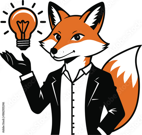 A fox as a startup founder presenting an idea bulb icon, confident pose, flat vector art, clean shape separation, limited colors, thick black outline, no texture, no lighting, illustrator style, white