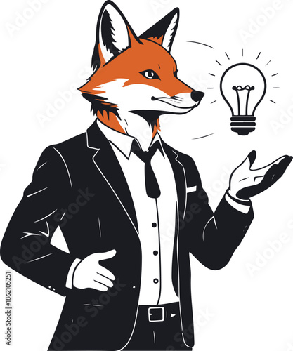 A fox as a startup founder presenting an idea bulb icon, confident pose, flat vector art, clean shape separation, limited colors, thick black outline, no texture, no lighting, illustrator style, white