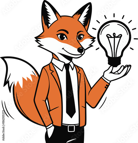 A fox as a startup founder presenting an idea bulb icon, confident pose, flat vector art, clean shape separation, limited colors, thick black outline, no texture, no lighting, illustrator style, white