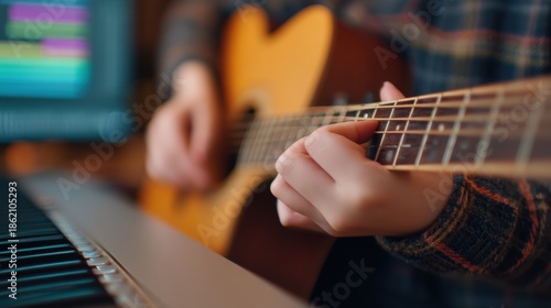 Screen free life, A close-up of a person playing guitar, with a keyboard and computer screen in the background, creating a cozy music-making atmosphere.