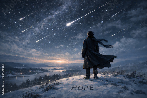 A lone figure on a snowy mountain peak under a dazzling meteor shower, embracing hope