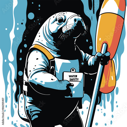 A manatee as a water safety instructor holding a buoy, gentle pose, flat vector art, minimal detail, solid colors only, thick black outline, no texture, no lighting, white background 1