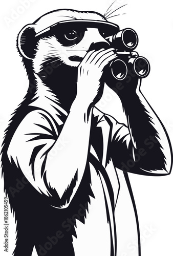 A meerkat as a city lookout guard using binoculars, upright posture, flat vector art, simple geometric shapes, solid flat colors, thick black outline, no texture, no lighting, clean sticker design, wh