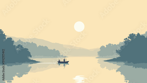 A foggy morning sunrise over a river. Flat bands of grey and pale yellow. A small fisherman boat silhouette. Quiet mood vector