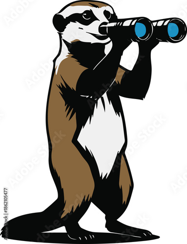 A meerkat as a city lookout guard using binoculars, upright posture, flat vector art, simple geometric shapes, solid flat colors, thick black outline, no texture, no lighting, clean sticker design, wh