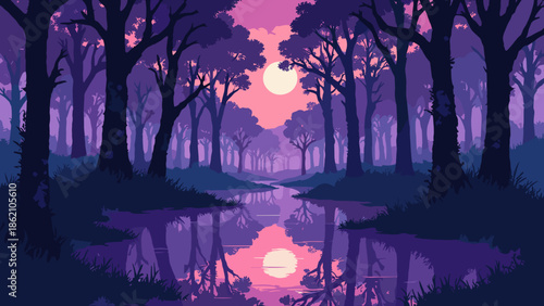 A swamp landscape with cypress trees rising from the water. Reflection of the trees and a purple sunset. Spooky vector style