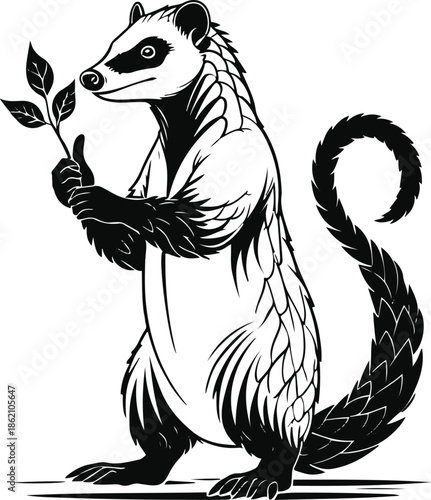 A pangolin as an environmental protector holding a leaf symbol, curled tail pose, flat vector illustration, minimal detail, solid colors only, bold black outline, no gradient, no shadow, white backgro